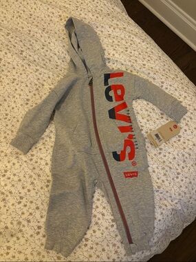 Levi's Grey Hooded Baby Romper with Red and Navy Logo